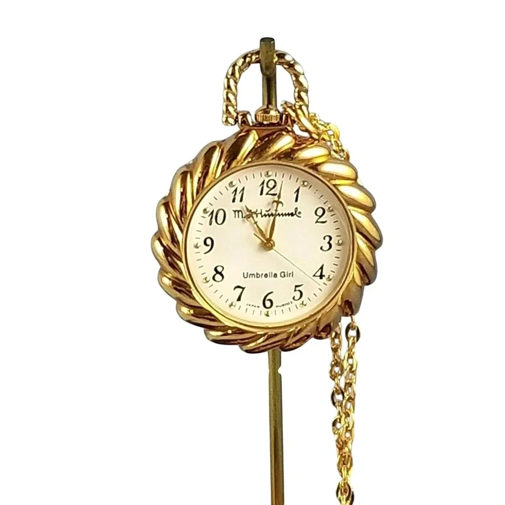 Vintage M.I. Hummel Umbrella Girl Pocket Watch‎ Necklace Gold Tone HU9003 Japan